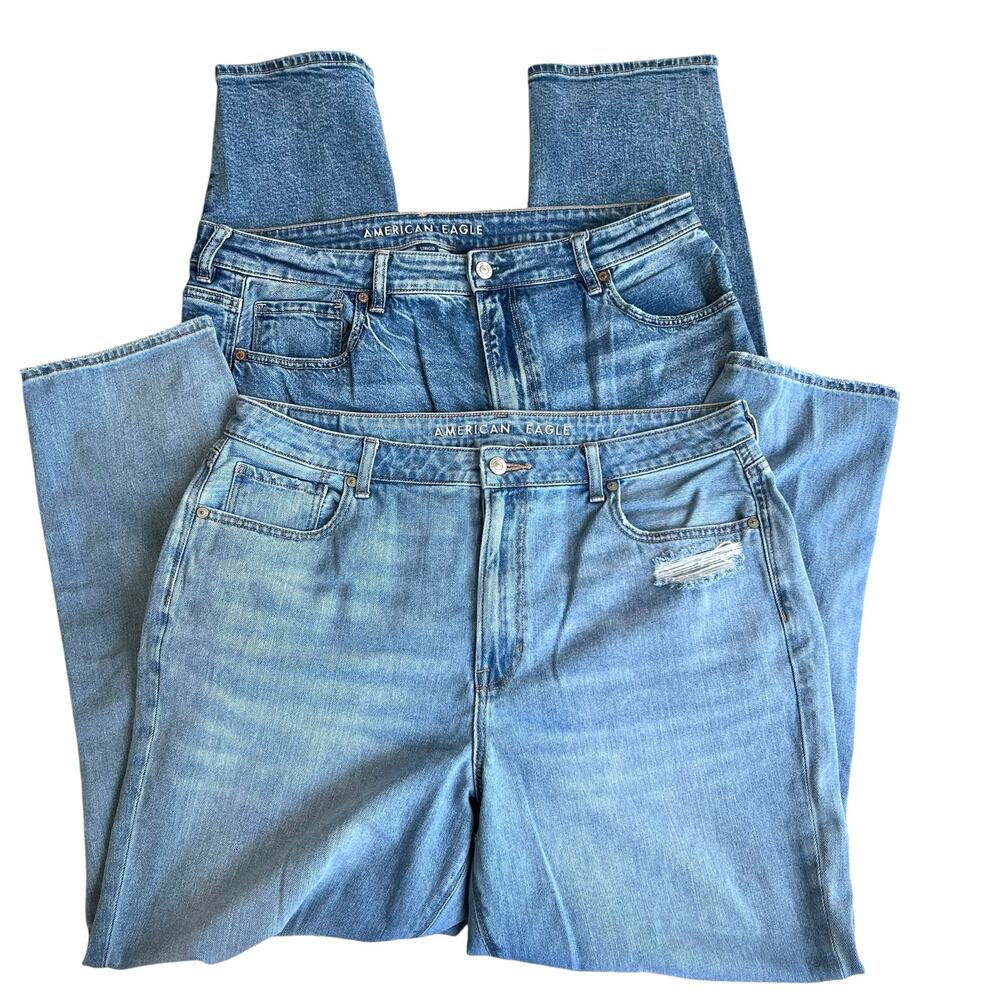 American Eagle Mom Jeans Bundle Y2K Light Wash Distressed Denim Sz 16